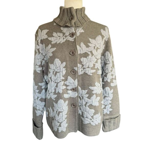 Jamie Gries Cozy Chic Collection Cardigan Turtleneck L Taupe Floral Sweater - Picture 1 of 9